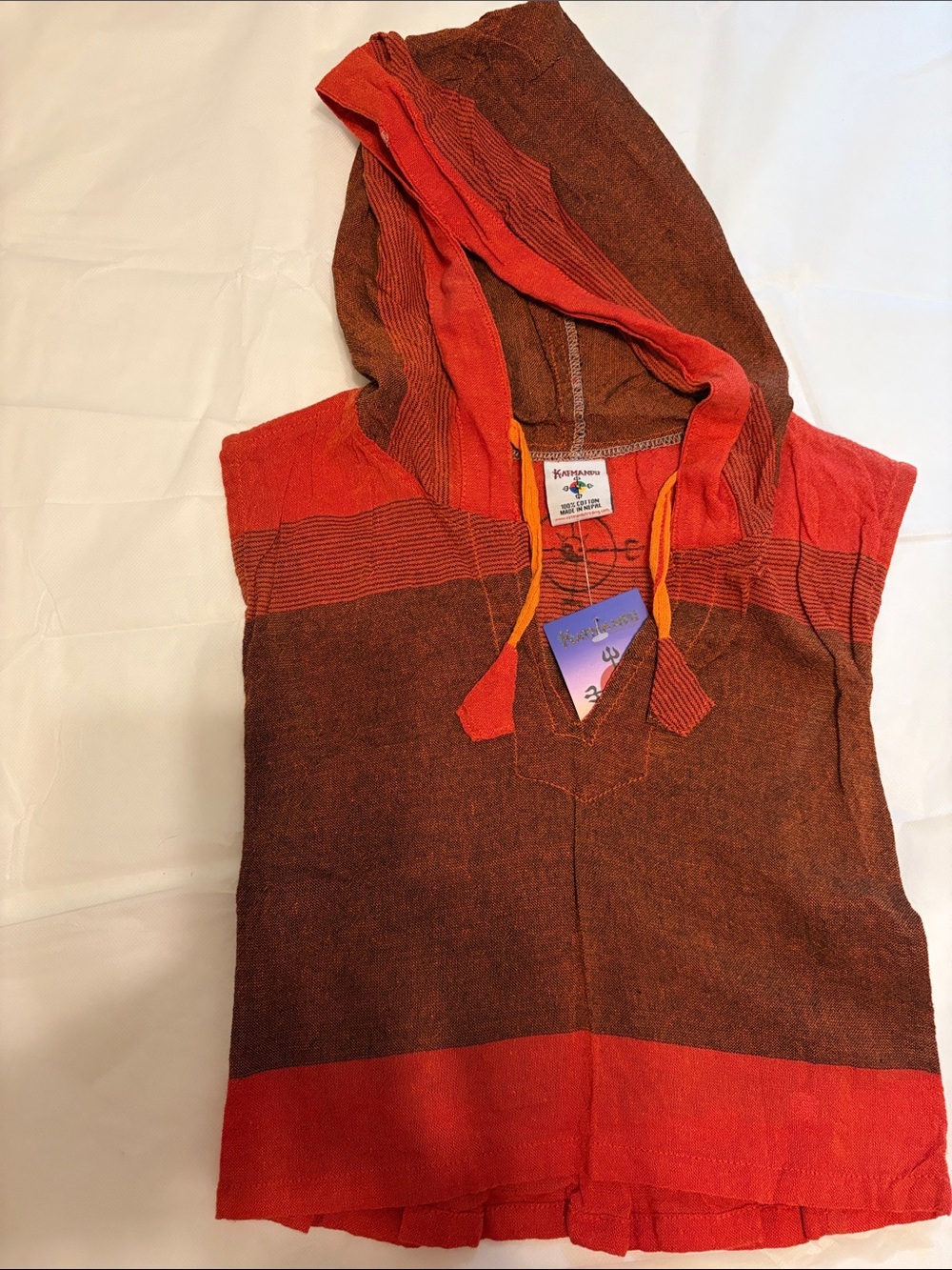 Kathmandu Orange & Brown Hooded Cotton Poncho
